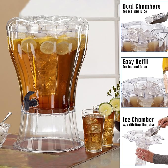 Buddeez Clear Drink 3.5 Gallon Plastic Beverage, Comes with Stand, Spigot, Ice Cone, Large Punch Dispenser for Parties