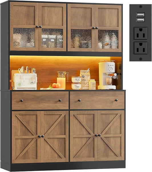 FINETONES 71" Pantry Cabinet with LED Light and Charging Station, Farmhouse Kitchen Pantry Cabinet with Microwave Stand, 47.2" Wide Kitchen Hutch Food Pantry with Open Countertop, Black/Brown
