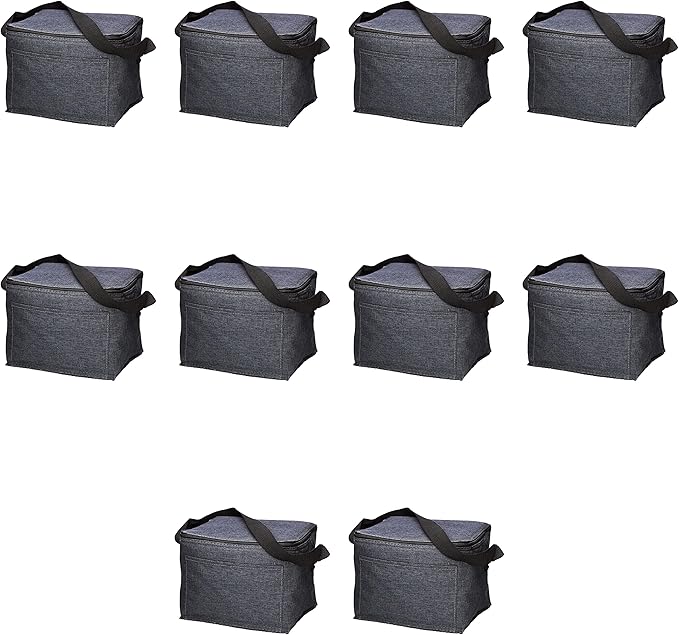 Insulated Cooler Lunch Bag Set of 10, Bulk Pack - Perfect for Work, Travel, Outdoor Events - Black
