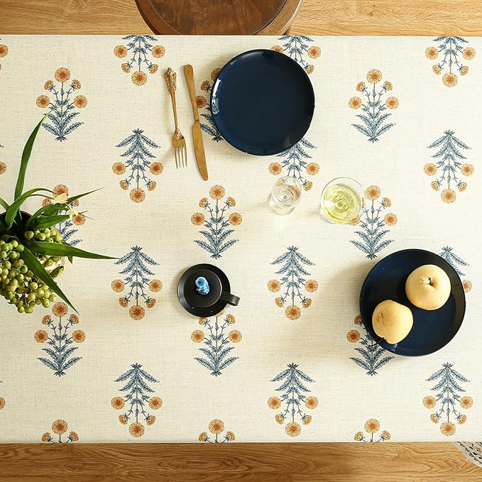 ISAENNE Designer French Pale Yellow Long Tablecloth Rectangle,Linen Floral Table Cloth,Wrinkle Resistant Decor Tablecloths for Dining Thanksgiving Banquet Kitchen Party,63"*102"-Estevan A