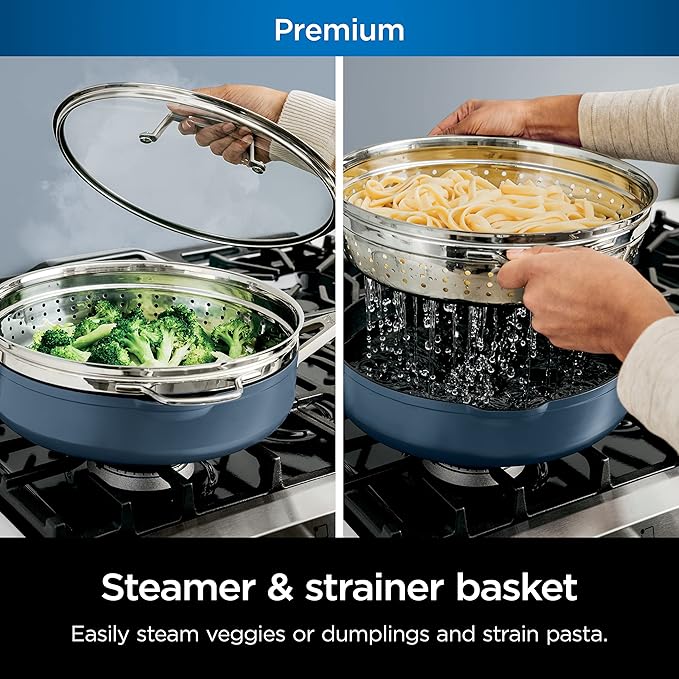 Ninja, Cookware, Steamer, Strainer Basket, Glass Lid and Spatula, Foodi NeverStick PossiblePan, Premium Set with 4-Quart Capacity Pan, Nonstick, Durable, Oven Safe Cookware, Cherry Tart, CW102BL