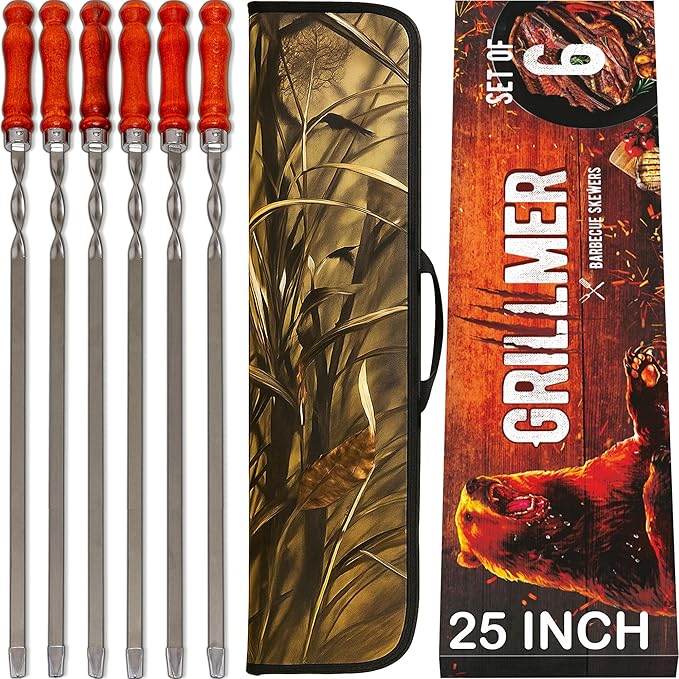 Premium BBQ Skewers with Wooden Handles 25" Shish Kabob Skewers Stainless Steel Long & Reusable Kabob Sticks Barbecue Skewers for Grilling Set of 6 Piece (6, 25 Inches)