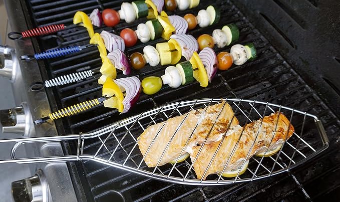 RSVP International Endurance® BBQ Basket, 6" x 14.75" | Fits 1 Whole Fish or Multiple Fillets | Made from Stainless Steel w/ Rosewood Handle | Holds Fish in Place for Perfect Roasting,Silver