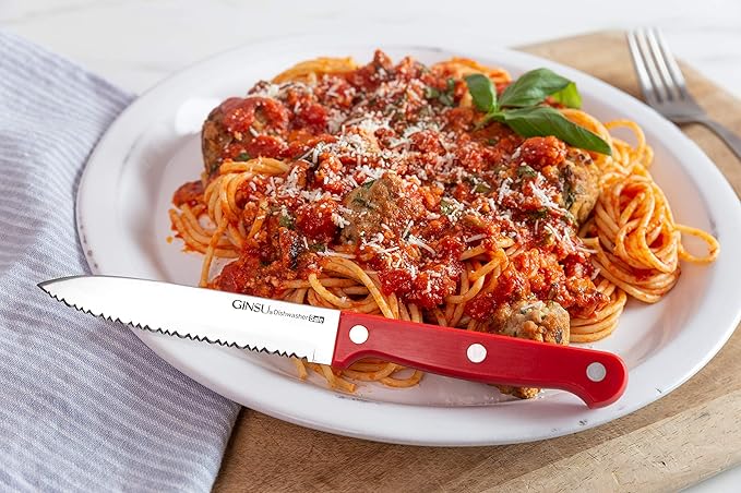 Ginsu Kiso 14-Piece Red Knife Set with Natural Block - Dishwasher Safe and Always Sharp