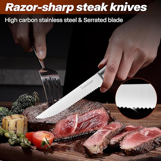 Steak Knife Set of 6, 4.5 inches Dishwasher Safe High Carbon Stainless Steel Knives, Silver