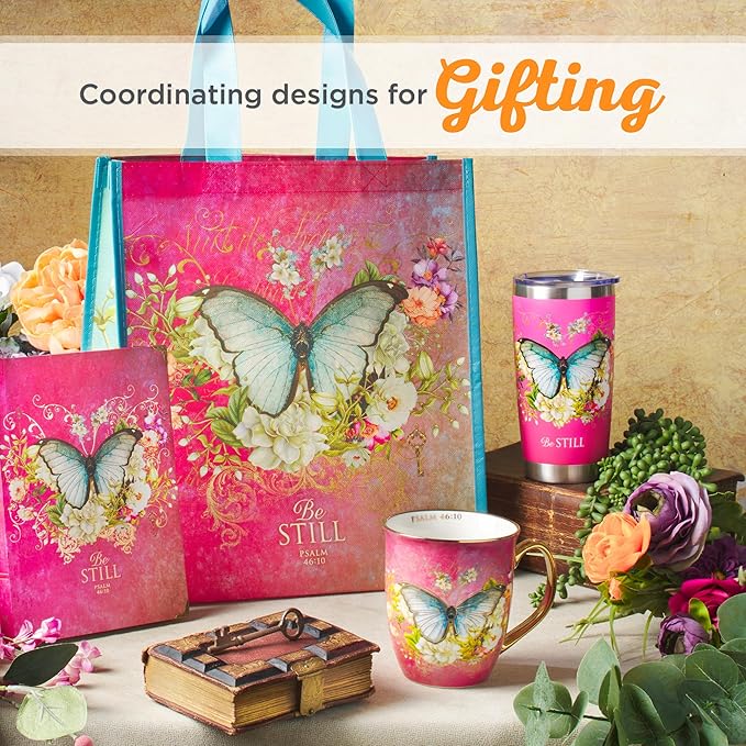 Christian Art Gifts Stainless Steel Double Wall Vacuum Insulated Travel Mug 18 oz Butterfly Pink BPA-free Tumbler with Retractable Lid Inspirational Scripture for Women - Be Still -Psalm 46:10