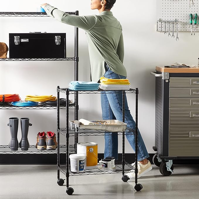 Amazon Basics 3-Shelf Adjustable, Heavy Duty Storage Shelving Unit on 2'' PP Plastic Wheel Casters, Metal Organizer Wire Rack, 23.2" L x 13.4" W x 32.75" H, Black