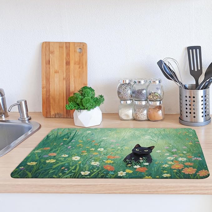 Floral Black Cat Dish Drying Mat, Cat Lover Gifts, Cats in Colorful Wildflower - Image 2