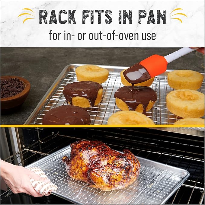 Checkered Chef Quarter Sheet Pan with Wire Rack for Cooking - 1/4 Sheet Pan, 13" x 9.5" Aluminum Cookie Sheets and Stainless Steel Cooling Rack for Baking