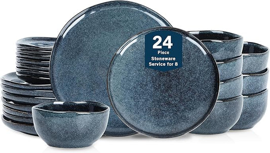 Stone Lain Mirella 24-Piece Stoneware Dinnerware Set, Service for 8 – Reactive Glaze, Deep Blue – Includes Dinner Plates, Salad Plates, and Bowls – Modern Organic Design