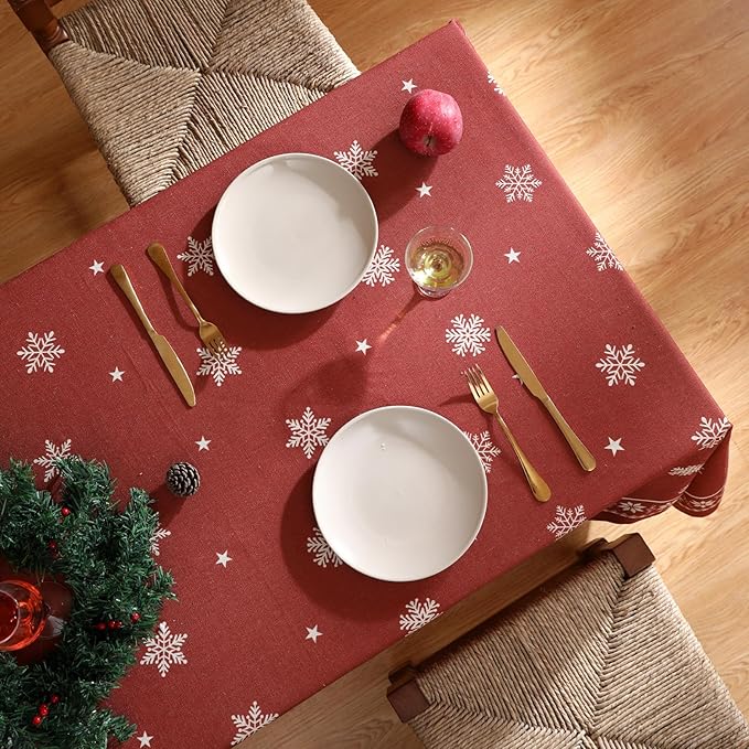ISAENNE Designer Christmas Red Extra Long Rectangle Tablecloth,Linen Table Cloth with Snowflakes Pattern,Wrinkle Resistant Decor Tablecloths for Dining Kitchen Thanksgiving,67"*118"-Carol C