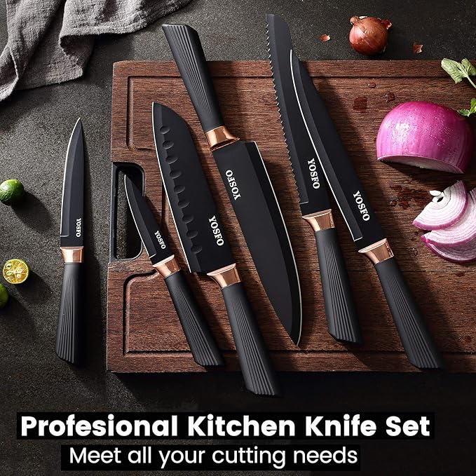 Kitchen Knife Sets with Block and Sharpener, 17Pcs Stainless Steel Knife Set includes Serrated Steak Knives Set, Chef Santoku Knives, Scissor, Knife Holder (Black Knife Set with Block)