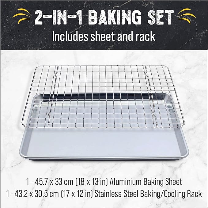 Checkered Chef Baking Sheet Pan and Cooling Rack - Half Sheet, 18" x 13" Aluminum Cookie Sheets and Stainless Steel Wire Rack for Baking
