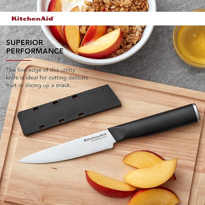 KitchenAid Classic Fine-Edge Utility Knife with Custom-Fit Blade Cover, 4.5-inch, Sharp Kitchen Knife, High-Carbon Japanese Stainless Steel Blade, Black