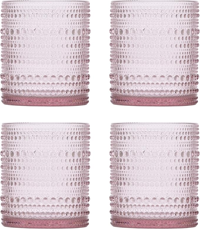 Fortessa Jupiter Beaded Hobnail Glass, 10 Ounce Double Old Fashioned (Set of 4), Pink