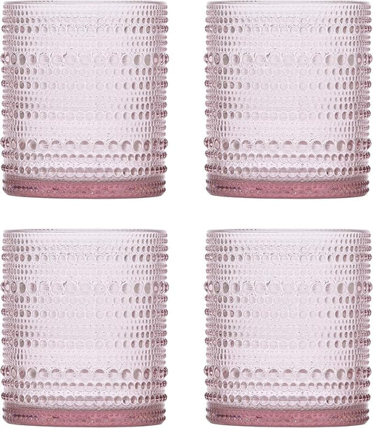 Fortessa Jupiter Beaded Hobnail Glass, 10 Ounce Double Old Fashioned (Set of 4), Pink