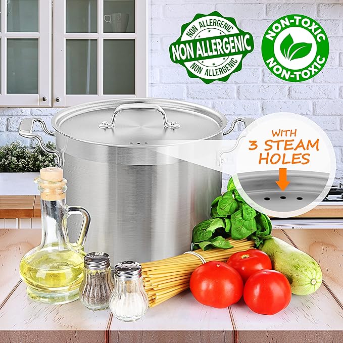 Stainless Steel Cookware Stockpot - 14 Quart, Heavy Duty Induction Pot, Soup Pot with Stainless Steel, Lid, Gas, Induction, Ceramic, Glass and Halogen Cooktops Compatible - NutriChef NCSPT14Q