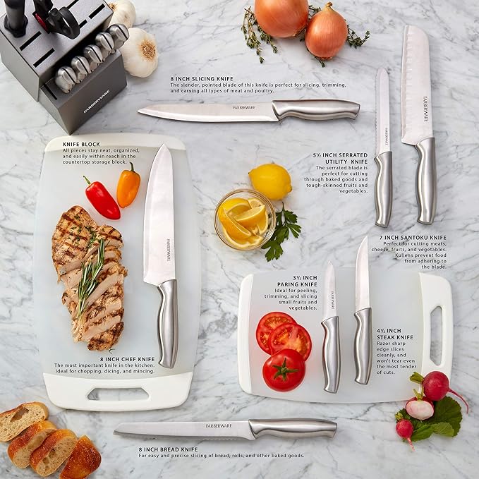 Farberware 15-Piece Stamped Stainless Steel Knife Block Set, High-Carbon Stainless Steel Kitchen Knife Set with Ergonomic Handles, Razor-Sharp Knives with Wood Block, 15-Piece Set, Graphite