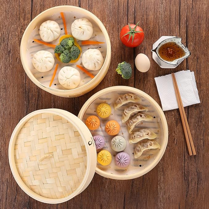 Bamboo Steamer Basket - 10 Inch 2-Tier Bamboo Dumpling Steamer for Cooking Dim Sum, Momo, Rice - Bao Bun - Natural Chinese Steam Baskets with Stainless Steel Ring Set