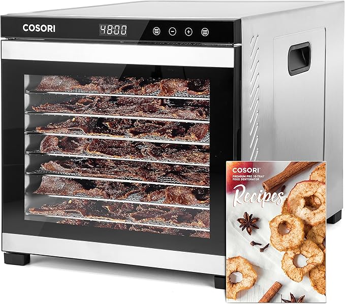 COSORI Food Dehydrator for Jerky, 10 Trays, 16.2ft² Drying Space, 165°F Temperature Control, 48H Timer, 1000W Dehydrator Machine, Stainless Steel, for Herbs, Fruit, Meat, and Yogurt, Silver