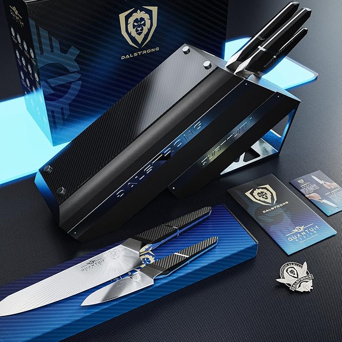 Dalstrong Knife Block Set - 5 Piece - Quantum 1 Series - American Forged BD1N-VX Hyper Steel - Carbon Fibre G10 Hybrid Handle - Professional Kitchen Set - Knife Set