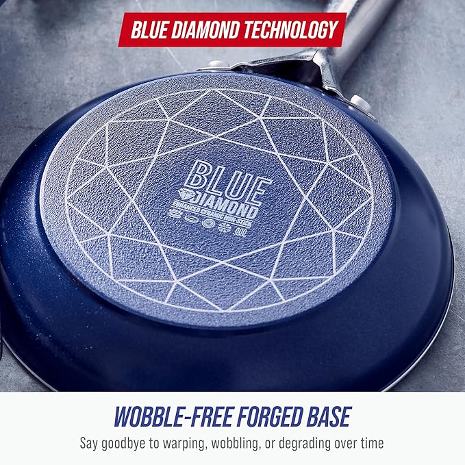 Blue Diamond 9.5” & 11" Nonstick Frying Pan Skillet Set, Diamond Infused PFAS & PTFE-Free Ceramic Pots & Pans, Dishwasher & Oven Safe, Stay Cool Handles, Durable Non Toxic Metal Utensil Safe, Blue