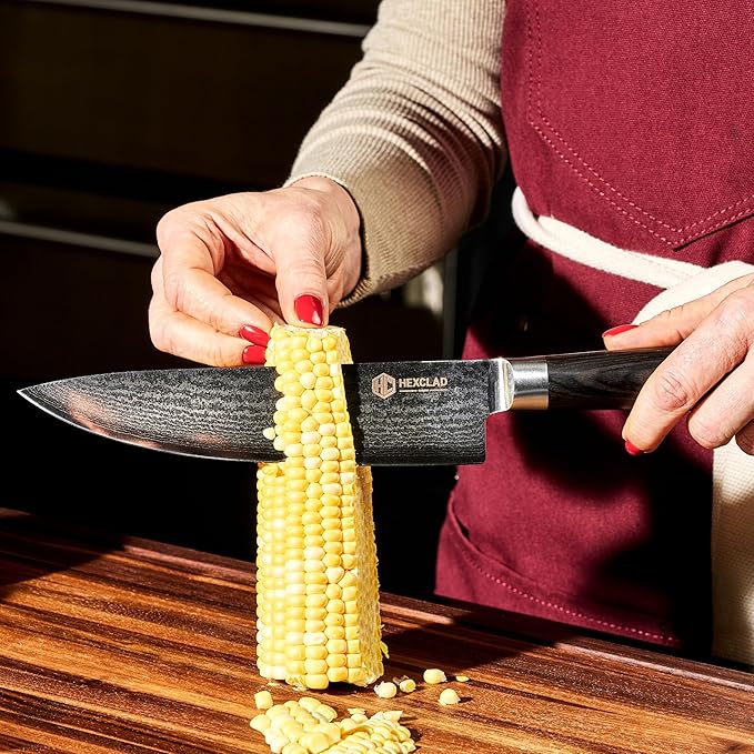 HexClad 6-Piece Espresso Damascus Knife Set, 67-Layer Japanese Damascus Stainless Steel Blades, 60 HRC, Made with the 3-Step Honbazuke Method, Pakkawood Handles, 12-Degree Edge