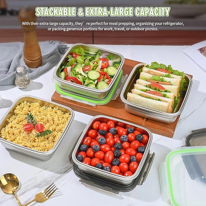 2 Pack Sandwich Containers, 40oz Stainless Steel Sandwich Box with Airtight Lids, Reusable Metal Meal Prep Lunch Boxes, BPA-Free, Dishwasher Safe, Large Capacity Food Storage Containers (Black)