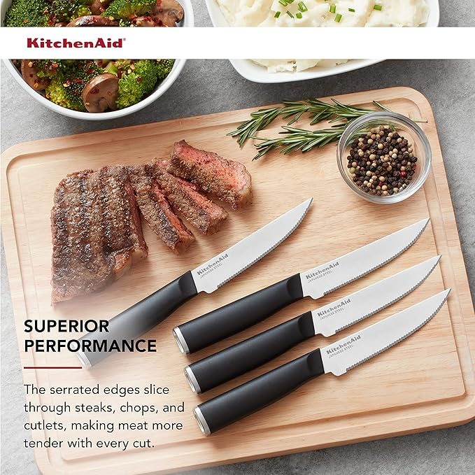 KitchenAid Classic 4 Piece Steak Knife Set, 4.5-Inch, High-Carbon Japanese Stee Blades, Sharp Kitchen Knife Set, Black