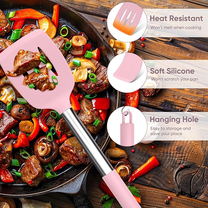 TeamFar Kitchen Utensils Set of 8, Silicone Utensils Kitchen Tools Set with Stainless Steel Handle, for Frying Serving Flipping Draining, Non-toxic & Heatproof, Nonstick & Dishwasher Safe - Pink