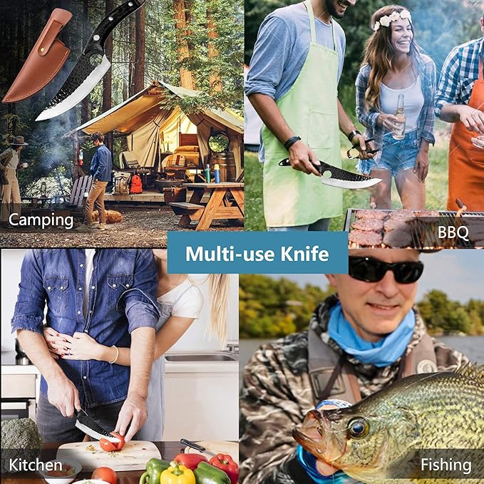 Huusk Viking Knives, Butcher Knife Black Forged Boning Knife with Sheath Japanese Fillet Meat Cleaver Knives Full Tang for Kitchen, Camping, BBQ Thanksgiving Christmas Gifts