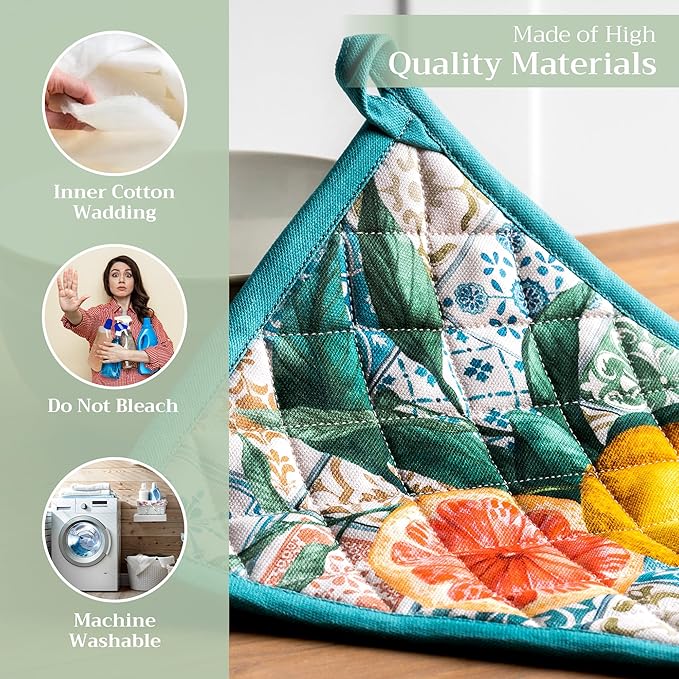 Maison d' Hermine Pot Holders 100% Cotton Heat Resistant Potholders 8" x 8" Hot Pads with Loop BBQ, Cooking, Baking, Grilling, Kitchen, Handling Hot Pans Spring/Summer (Pack of 1, Agrume)