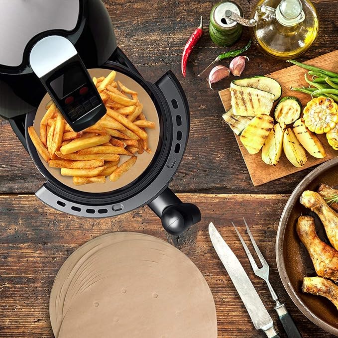 100pcs Unbleached Air Fryer Liners, Vancens 7.5 inches Bamboo Steamer Liners, Premium Perforated Parchment Steaming Papers, Non-stick Steamer Mat, Perfect for 3.5 & 3.7QT Air Fryers/Baking/Cooking