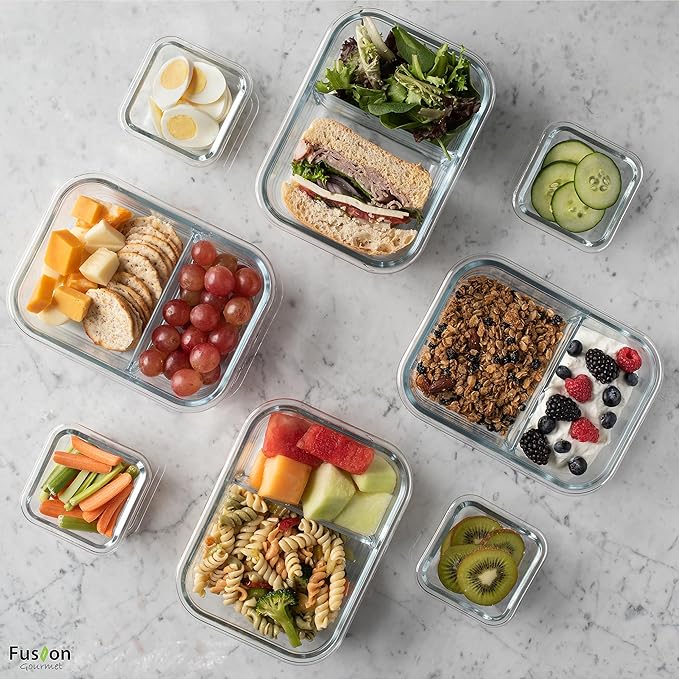 Fusion Gourmet Glass Meal Prep Containers with Lids [8 Pack, 33 oz & 4.5 oz] - 2 Compartment Divided Glass Bento Boxes for Adults, Oven Safe & Airtight