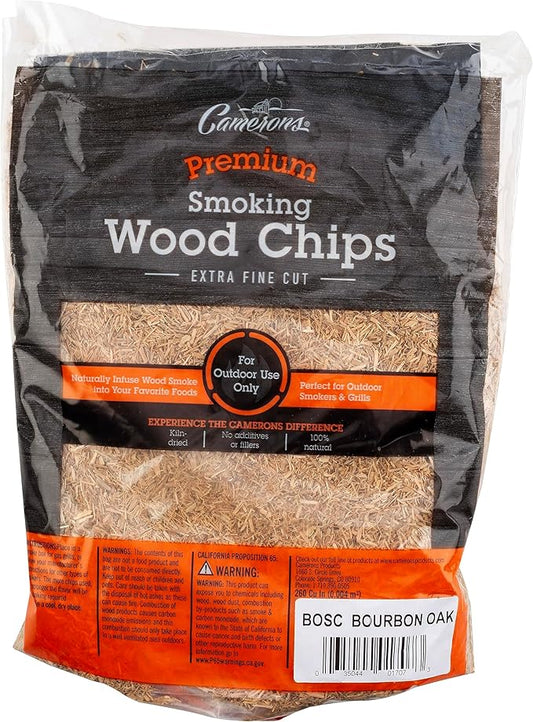 Camerons All Natural Extra Fine Bourbon Oak BBQ Wood Chips -260 Cu. In. Bag, Approx 2 lbs- Kiln Dried Sawdust Shavings for Cocktail Smoking Guns, Smokers, Smoke Boxes - Barbecue Grilling Gifts for Men