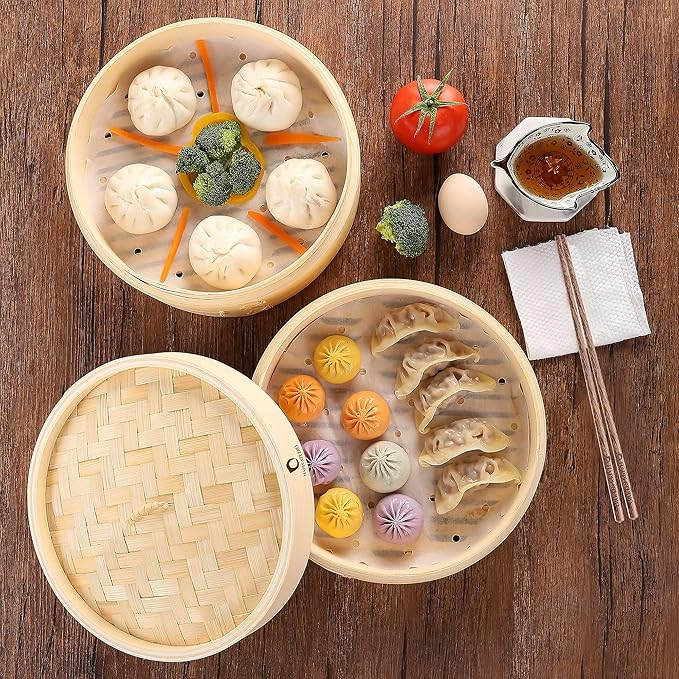 Bamboo Steamer - 2-Tier 10 Inch for Cooking Dim Sum, Momo, Rice - Chinese Basket for Bao Bun, Dumplings - Japanese Steaming