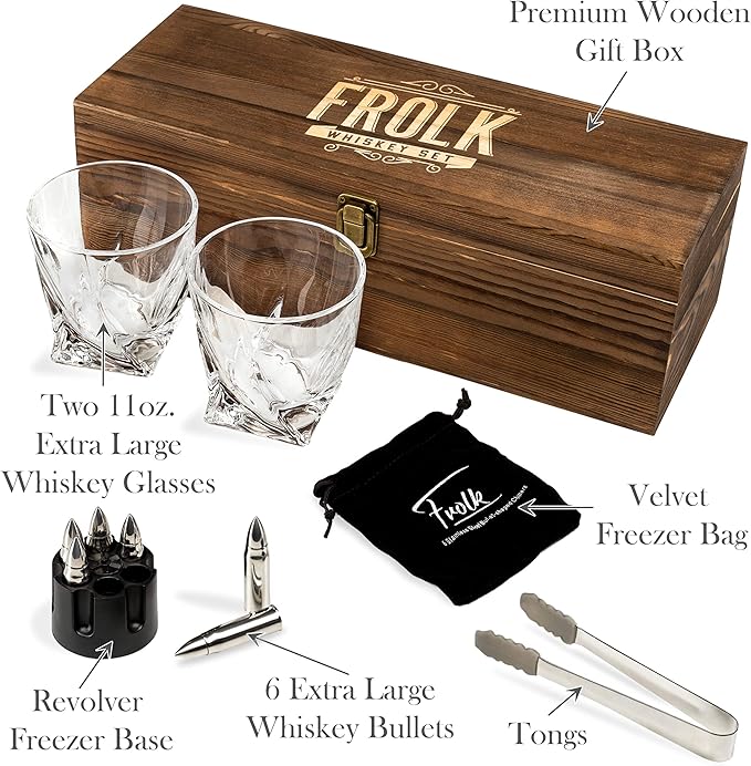 Frolk Whiskey Chillers Premium Gift Set, Set Of 6 Extra Large Stainless Steel Whiskey Stones, 2 Large Twisted Whiskey Glasses (11 oz), Freezer Base, Velvet Pouch & Tongs In Novelty Wooden Box