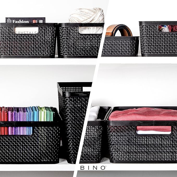 BINO | Woven Plastic Basket | Medium (Black), 4-Pack | THE JUTE COLLECTION | Home Organization, Space - Saving Storage, Stylish Design | Jute Basket | Plastic Storage Basket