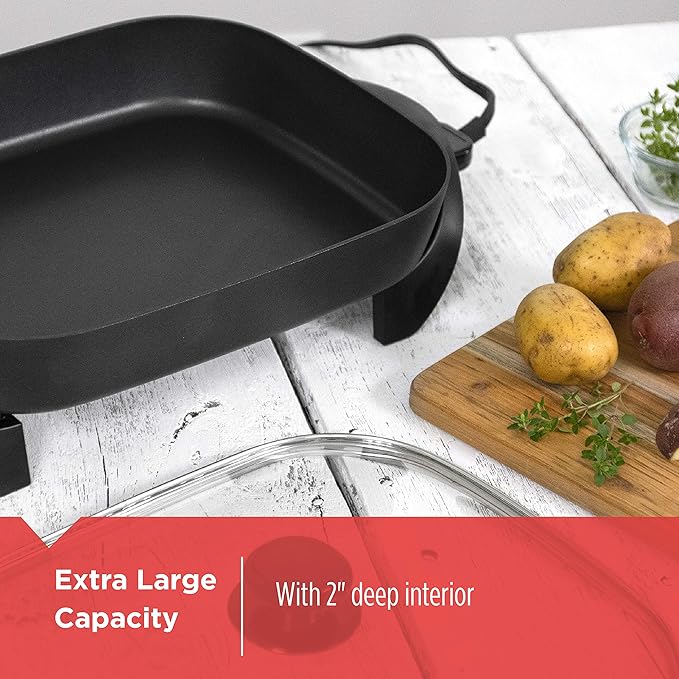 BLACK+DECKER Electric Skillet, Variable Temperature Control, Nonstick Cooking Surface, Dishwasher Safe, Tempered Glass Lid, 12"x15"