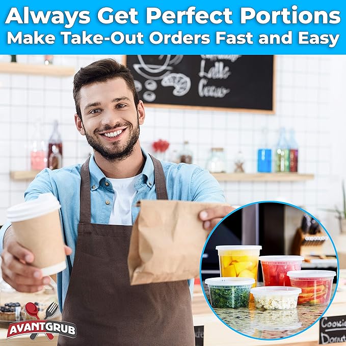 Deli Grade BPA-Free 12oz Plastic Containers with Lids, 24ct. Leakproof Microwavable Portion Container for To-Go Orders, Food Prep and Storage. Reusable Takeout Cups for Restaurant Cafe and Catering.