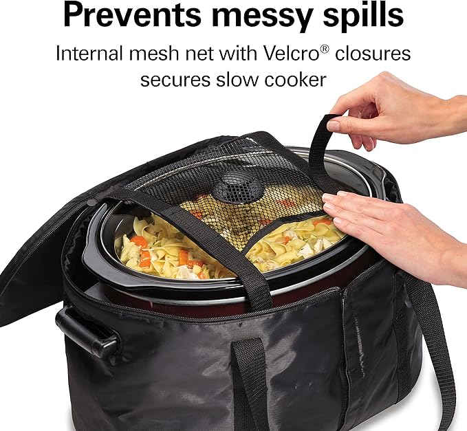 Hamilton Beach Portable Slow Cooker Travel Bag, Insulated Carrier Case for 4, 5, 6, 7 & 8 Quart Crock, Internal Mesh Net Holds Pot in Place, Compatible With Other Brands, Black (33002)