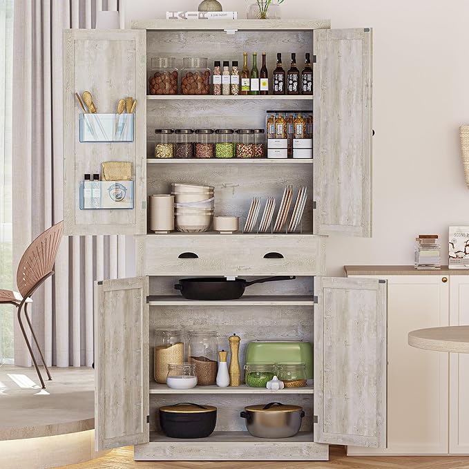 IRONCK Kitchen Pantry Storage Cabinet 72.6" H, with Barn Doors, Drawer, 4 Adjustable Shelves, Freestanding Cupboard for Dining Room Living Room, Laundry, Rustic Maple