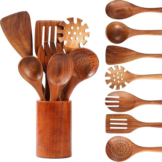 Wooden Kitchen Cooking Utensils, NAYAHOSE 8 Pcs Natural Teak Wooden Spoons Spatulas and Wooden Storage Barrel for Non-stick Pan