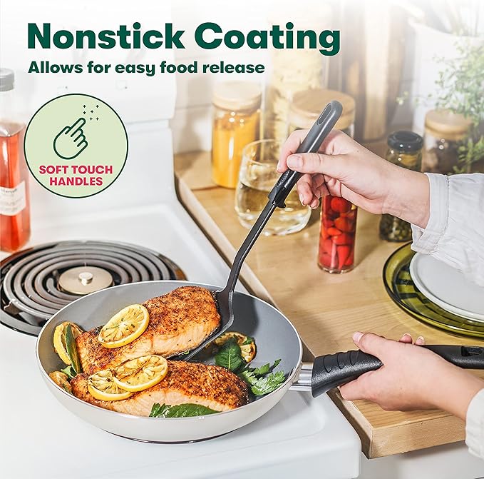 BELLA Cookware Set, 12 Piece Pots and Pans with Utensils, Nonstick PFOA Free Scratch Resistant Cooking Surface Compatible with All Stoves, Nylon and Aluminum, Red