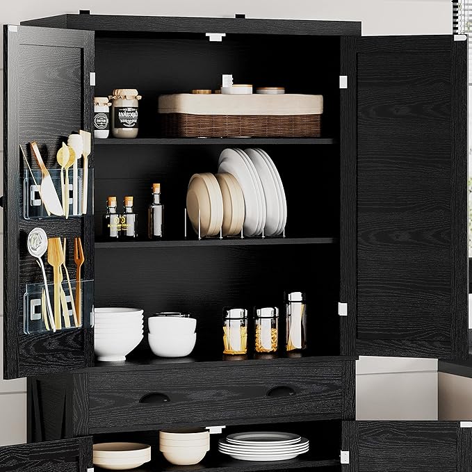 IRONCK Kitchen Pantry Storage Cabinet 72.6" H, with Barn Doors, Drawer, 4 Adjustable Shelves, Freestanding Cupboard for Dining Room Living Room, Laundry, Black