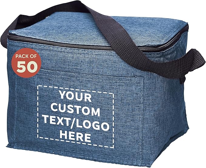 DISCOUNT PROMOS Custom Insulated Cooler Lunch Bag Set of 50, Personalized Bulk Pack - Perfect for Work, Travel, Outdoor Events - Blue