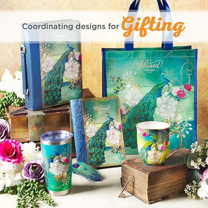 Christian Art Gifts Stainless Steel Double Wall Vacuum Insulated Tumbler 18 oz Peacock Teal Travel Mug with Retractable Lid Inspirational Bible Verse for Women - Blessed Faith -Jeremiah 17:7