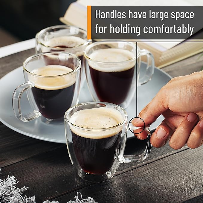 BTaT- Double Wall Glass Cups, Set of 4 (8 oz, 240 ml), Tea Cups, Glass Coffee Mugs, Cappuccino Cups, Latte Cups, Latte Mug, Clear Coffee Cup, Espresso Glass, Glass Tea Cups, Glass Coffee Cups