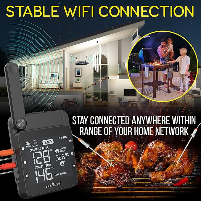 NutriChef WiFi Grill Meat Thermometer, Wireless Dual Smart Probes, Alarm Indoor from Outdoor Barbecue Smoker, Compatible with Any Smartphone, Rechargeable Meter for Outside BBQ Grilling