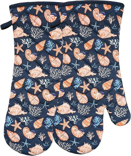 Oven Mitts Cotton Fashion Cute Cowry Design 1pair Heat Resistant Oven Gloves Safe Cooking Baking Grilling Barbecue Machine Washable Pot Holders (Cowry)